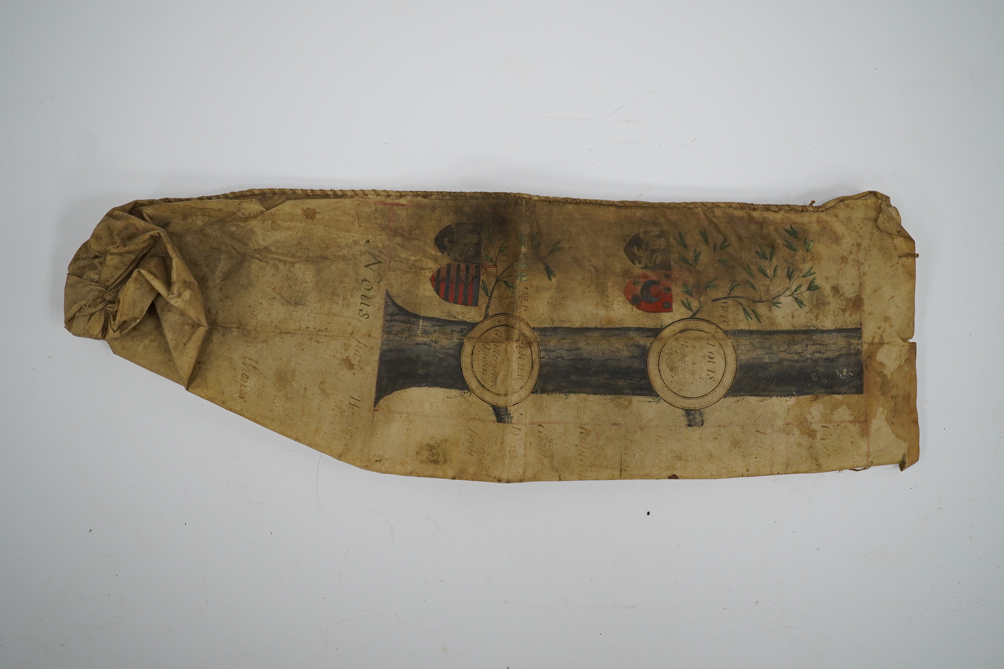 A section of a vellum family tree, converted into a bag, Together with an oak tripod, two whips, a Balanese Kris with lion man grip, a hunting dagger with horn grips, a small knife, etc. Condition - poor to fair